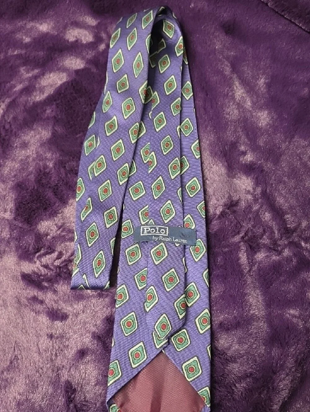Polo by Ralph Lauren Purple Silk Tie with Green and Red Diamond Motifs